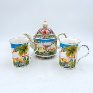 Sadler England Bermuda Island Gold Trim Tropical Porcelain Tea 3 PC Set